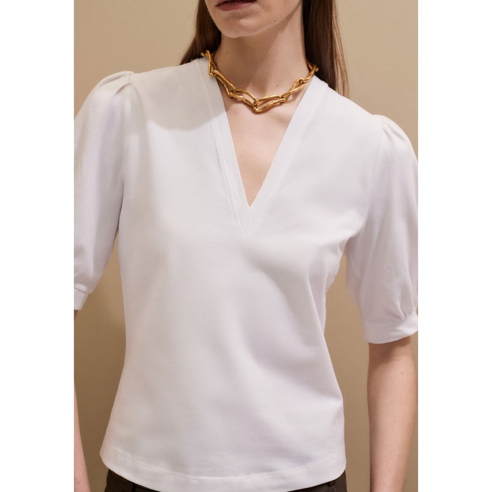 NWT ME+EM Pouf Sleeve V Neck Tee 14 Soft White Capsule Minimalist Quiet Luxury